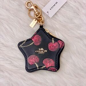 NWT Coach Star Bag Charm with Cherry Print in Gold Black Red Multi Leather CDA87
